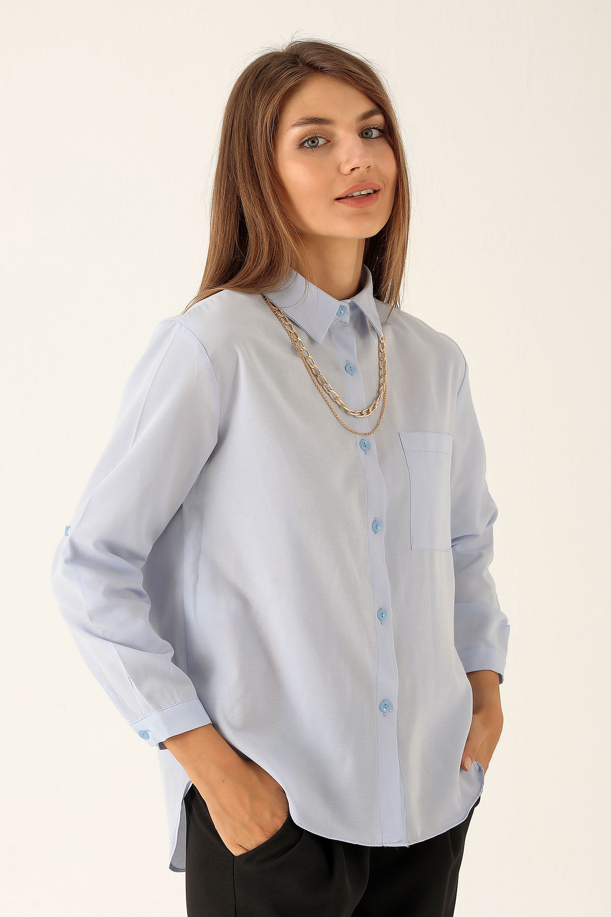 Tek Cepli Kolyeli Bayan Gömlek - 6785A Mavi - 2