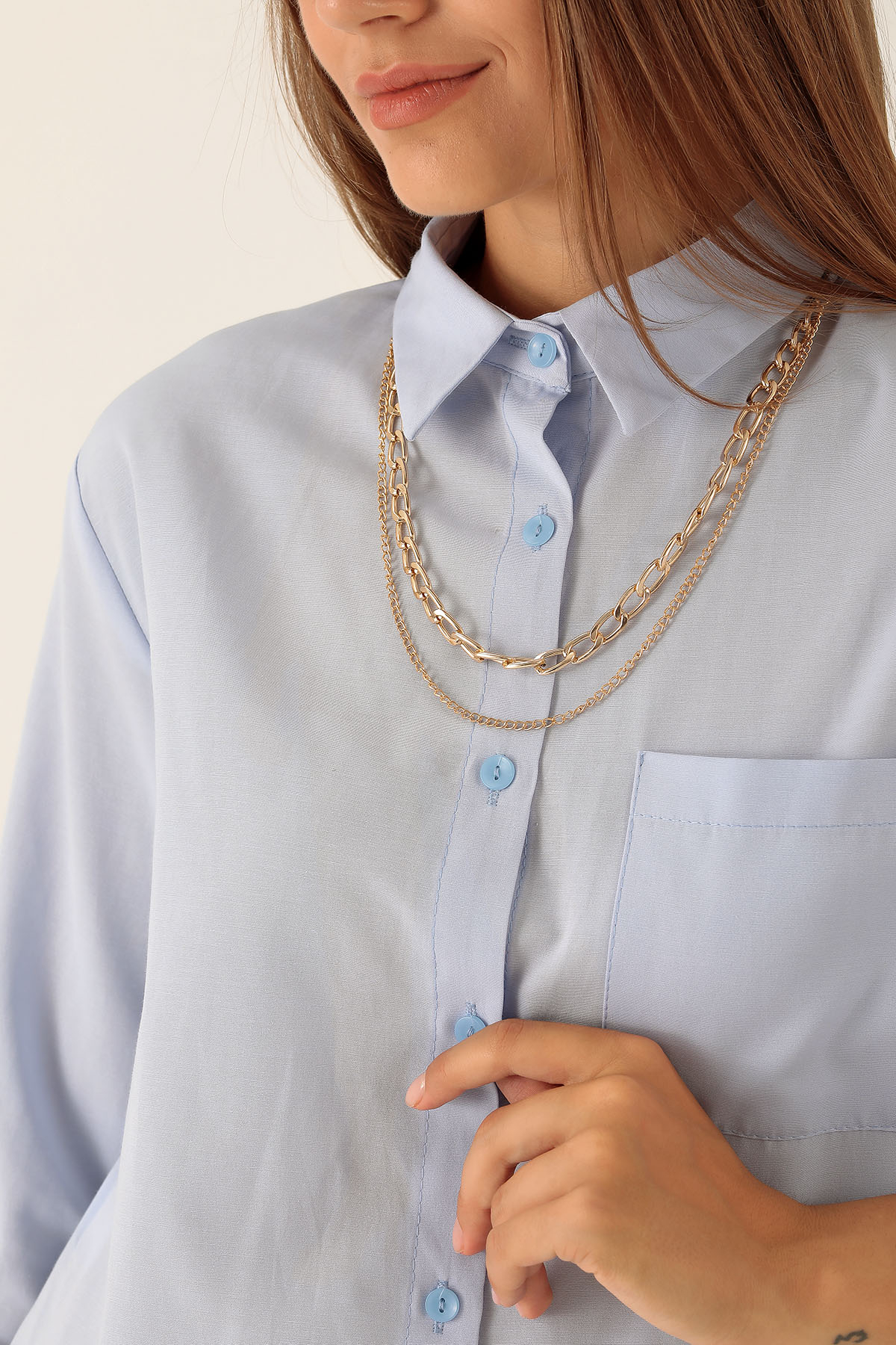 Tek Cepli Kolyeli Bayan Gömlek - 6785A Mavi - 6