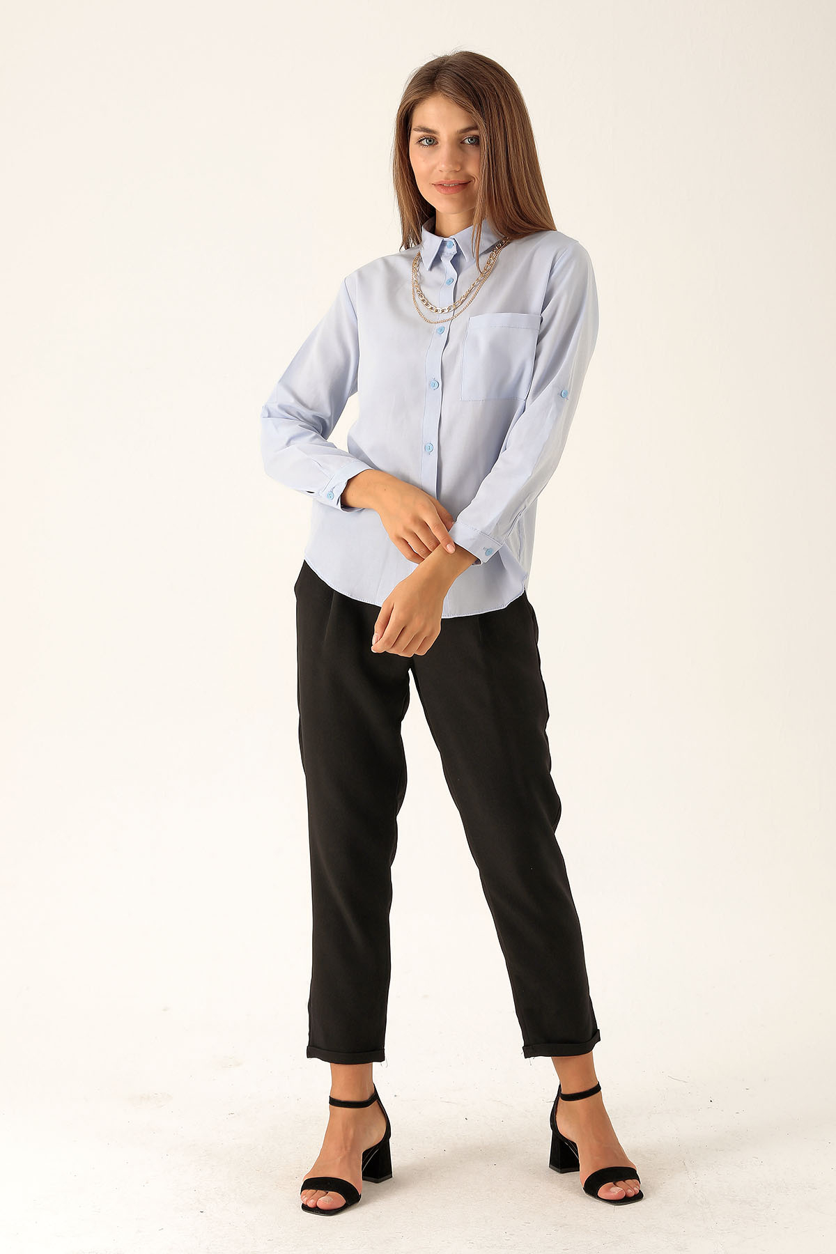 Tek Cepli Kolyeli Bayan Gömlek - 6785A Mavi - 4