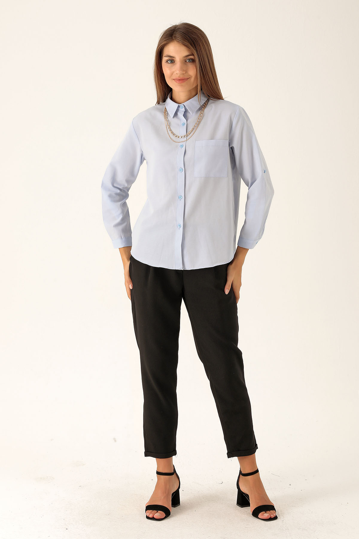 Tek Cepli Kolyeli Bayan Gömlek - 6785A Mavi - 3