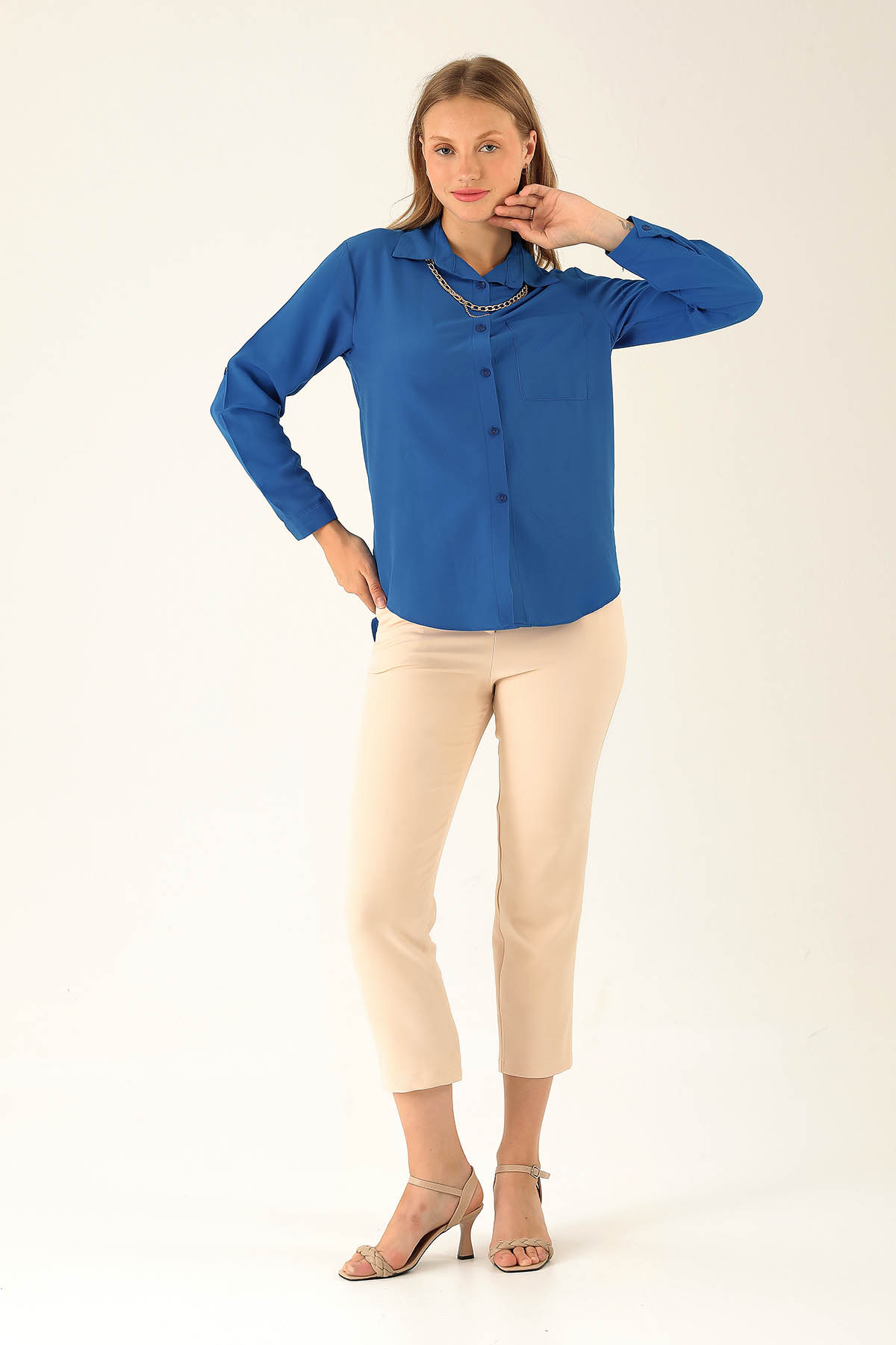 Tek Cepli Kolyeli Bayan Gömlek - 6785A Saks - 4