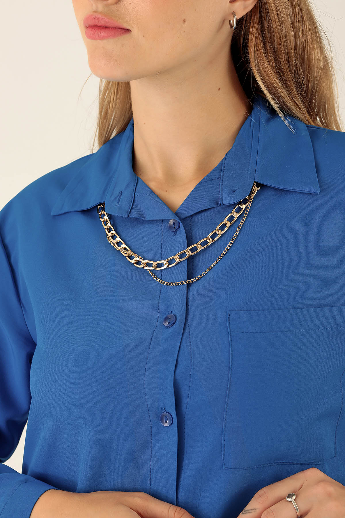 Tek Cepli Kolyeli Bayan Gömlek - 6785A Saks - 6