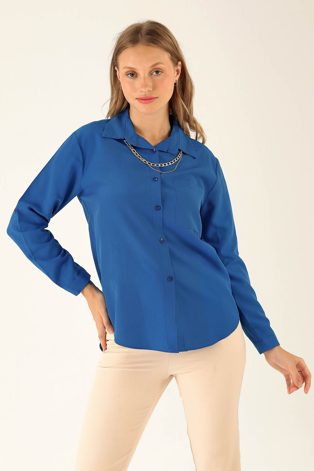 Tek Cepli Kolyeli Bayan Gömlek - 6785A Saks 