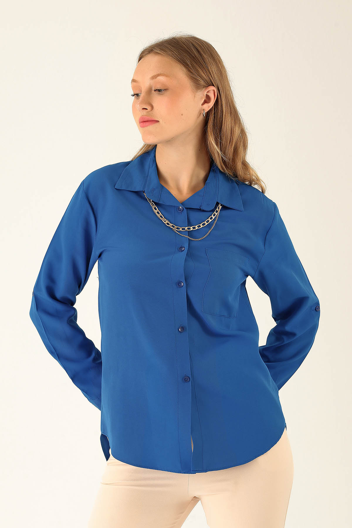 Tek Cepli Kolyeli Bayan Gömlek - 6785A Saks - 2