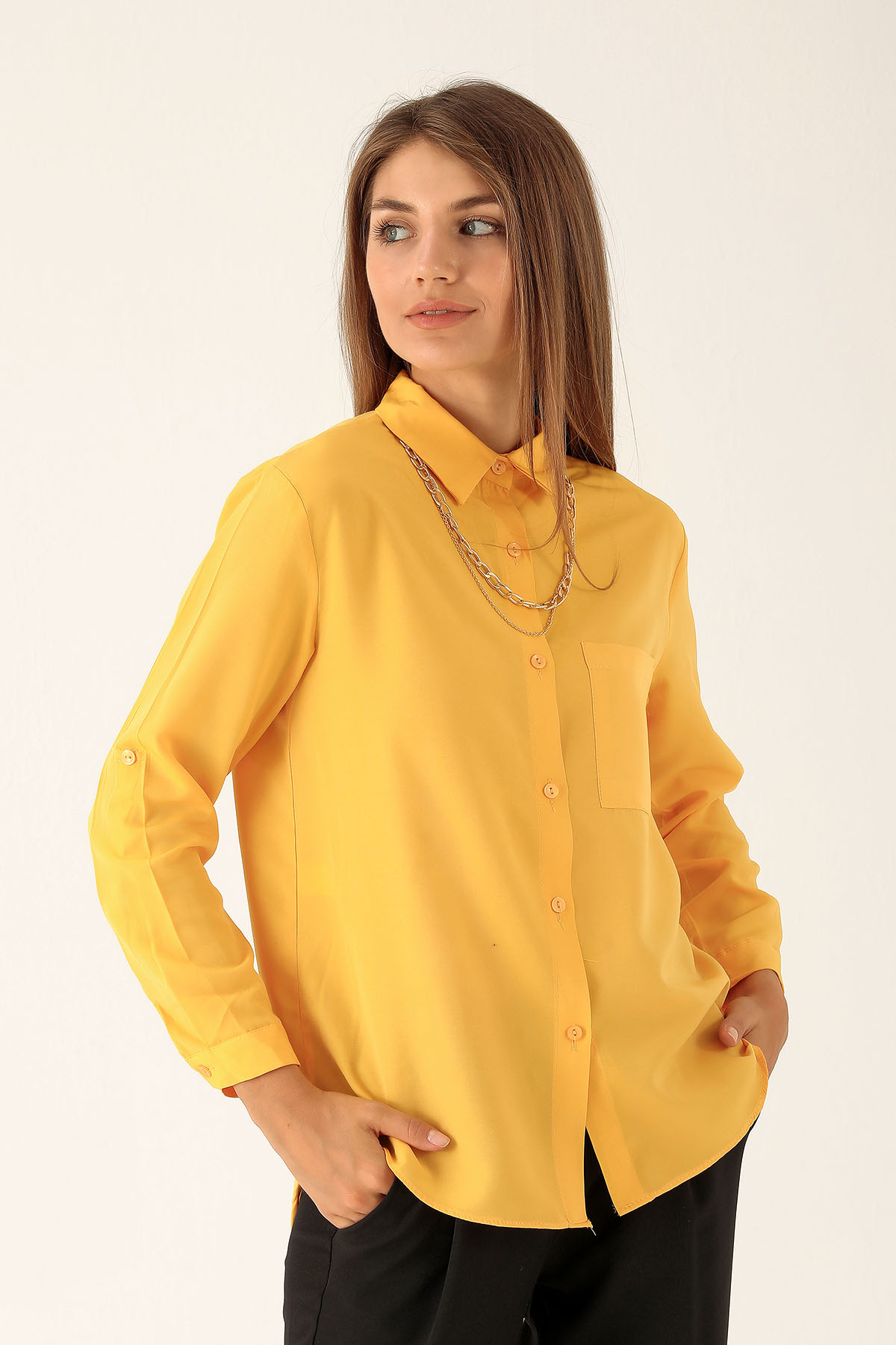 Tek Cepli Kolyeli Bayan Gömlek - 6785A Sarı - 2
