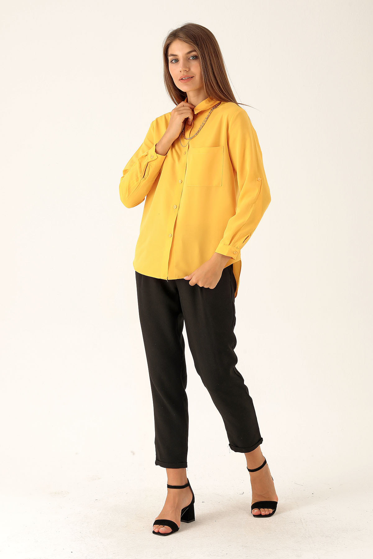 Tek Cepli Kolyeli Bayan Gömlek - 6785A Sarı - 4