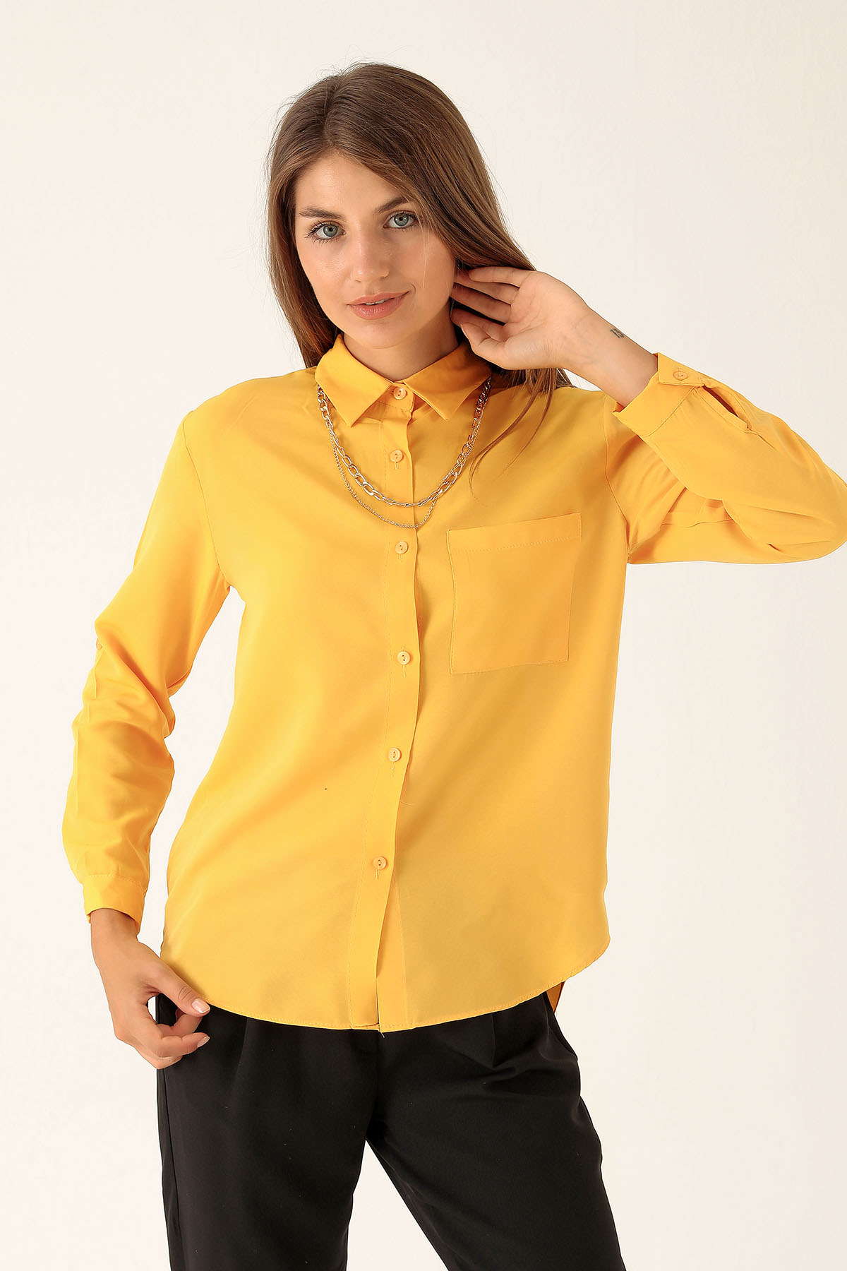 Tek Cepli Kolyeli Bayan Gömlek - 6785A Sarı - 1