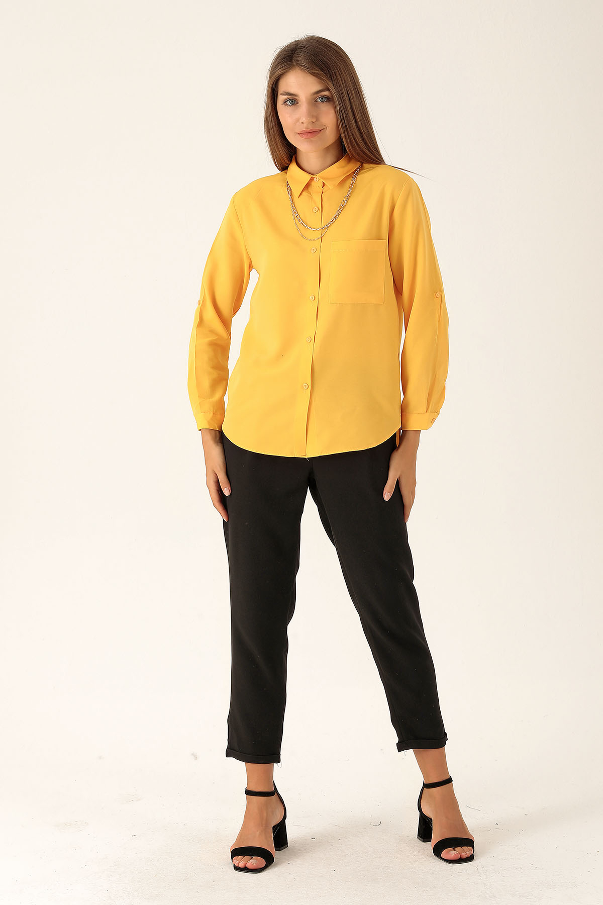 Tek Cepli Kolyeli Bayan Gömlek - 6785A Sarı - 3
