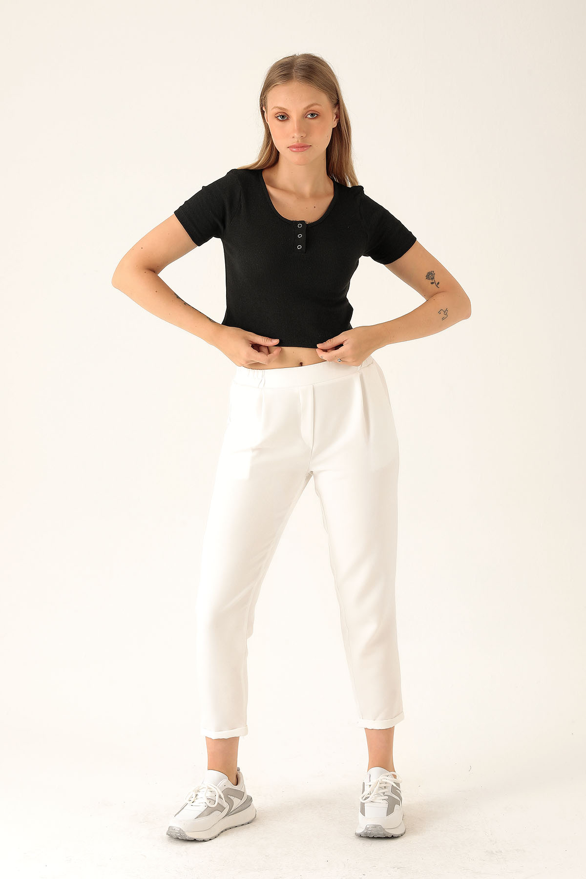 Tek Pile Yarım Lastik Bayan Pantolon - 6266A Ekru 