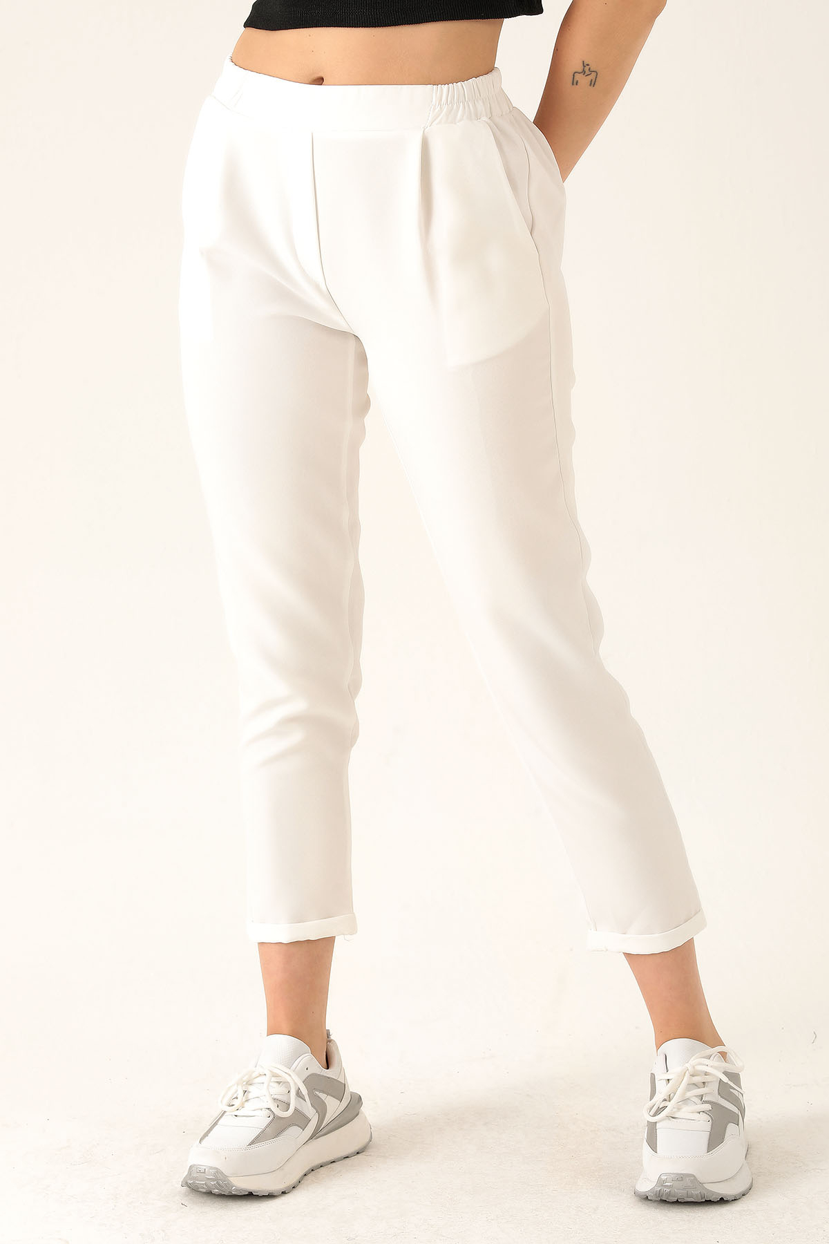 Tek Pile Yarım Lastik Bayan Pantolon - 6266A Ekru - 4