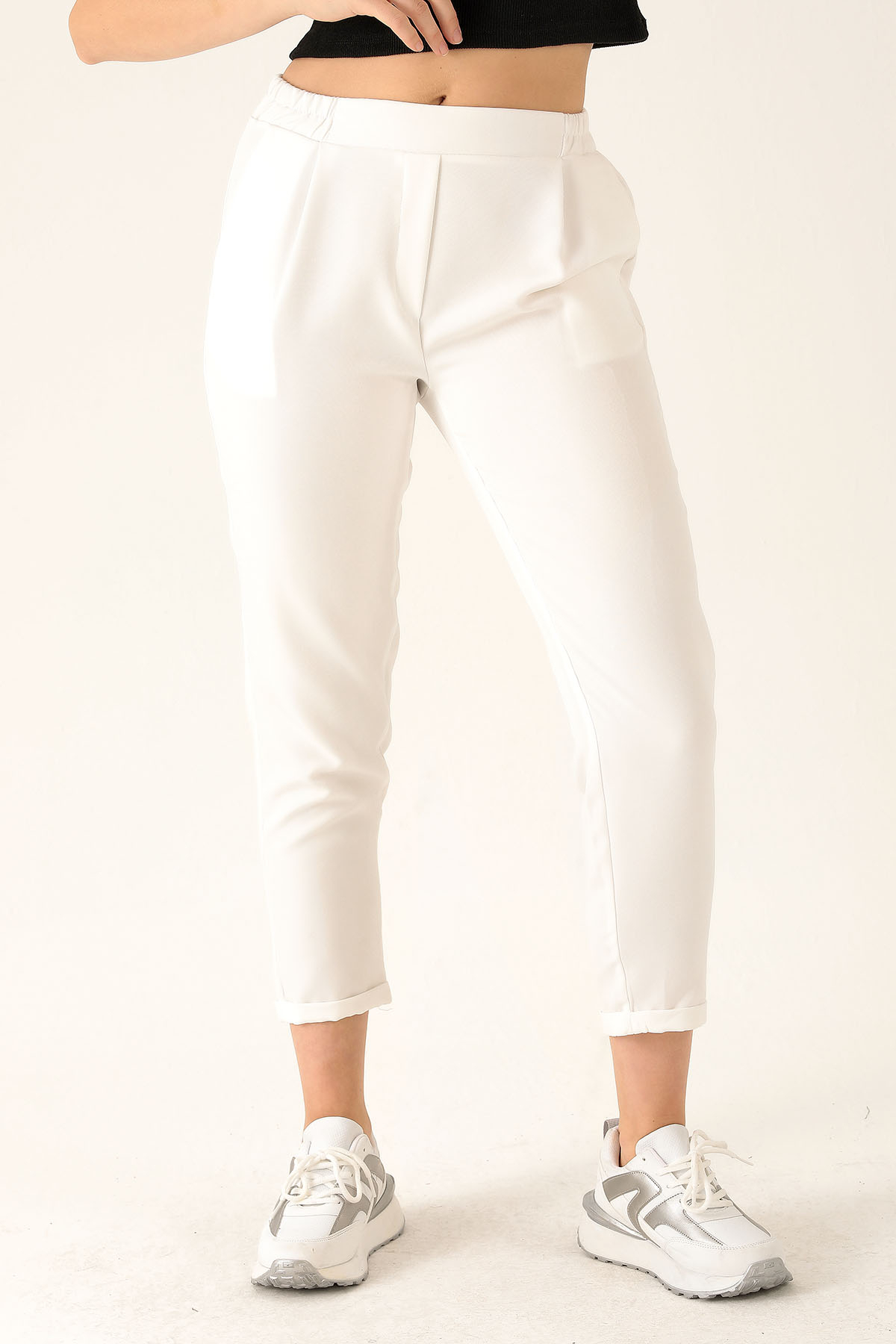 Tek Pile Yarım Lastik Bayan Pantolon - 6266A Ekru - 3