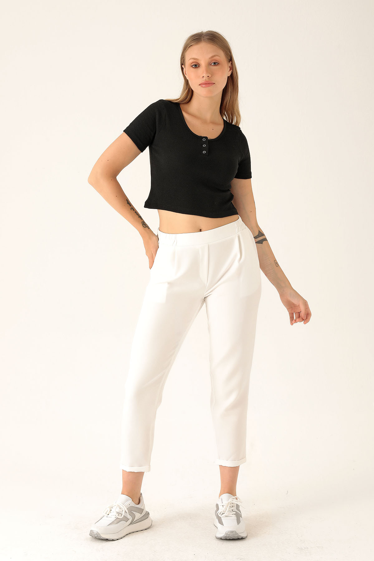 Tek Pile Yarım Lastik Bayan Pantolon - 6266A Ekru - 2