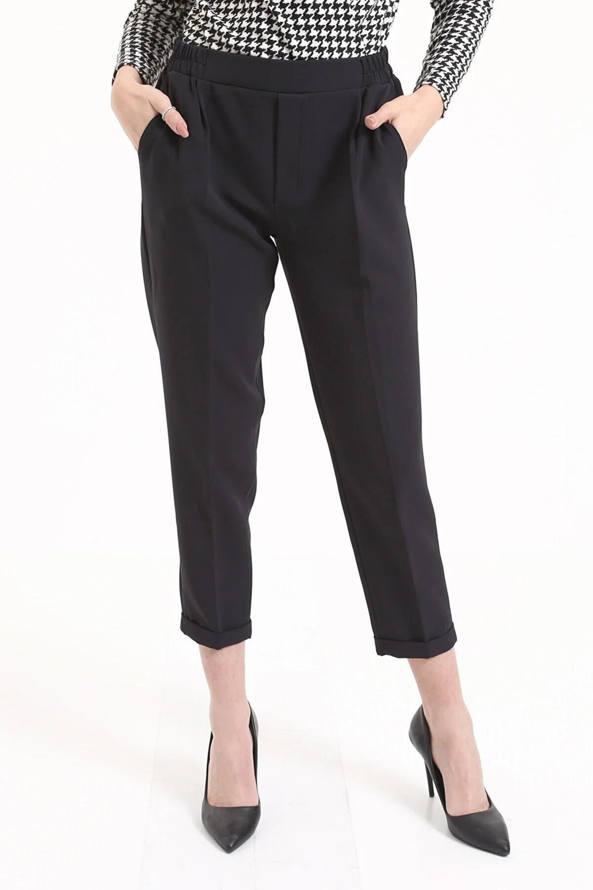 Tek Pile Yarım Lastik Bayan Pantolon - 6266A Siyah 