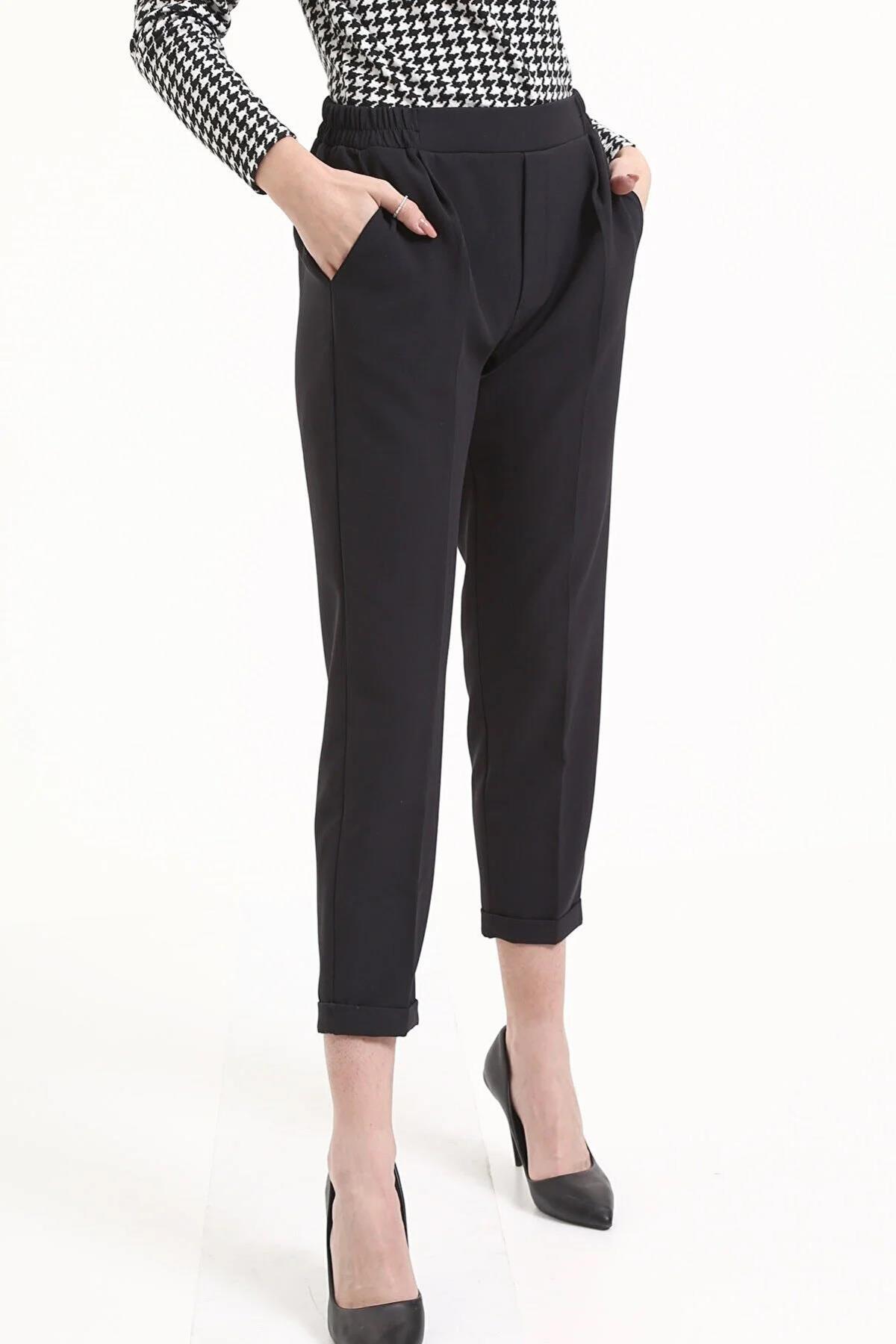 Tek Pile Yarım Lastik Bayan Pantolon - 6266A Siyah - 2