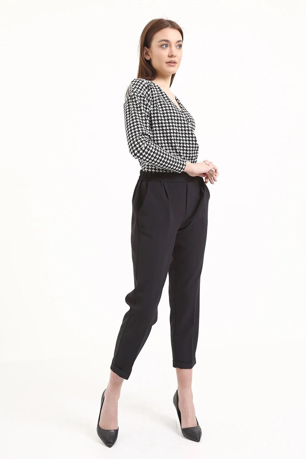 Tek Pile Yarım Lastik Bayan Pantolon - 6266A Siyah - 4