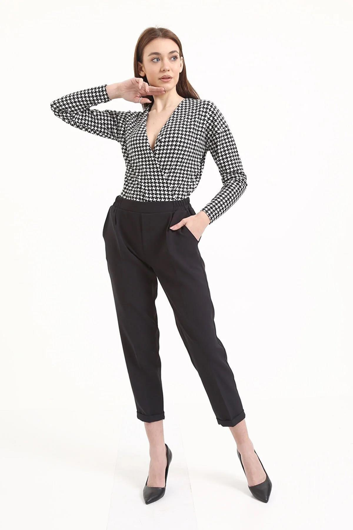 Tek Pile Yarım Lastik Bayan Pantolon - 6266A Siyah - 3