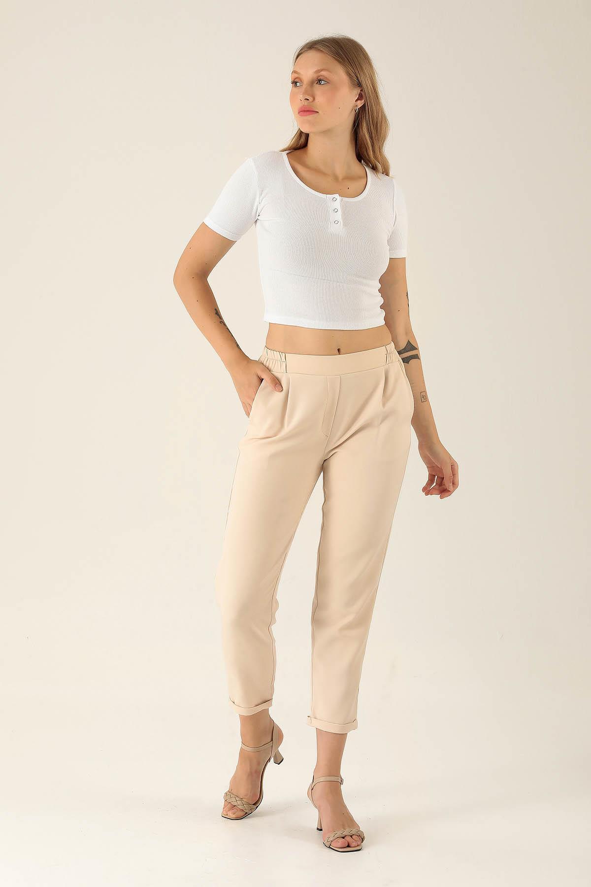 Tek Pile Yarım Lastik Bayan Pantolon - 6266A Taş 