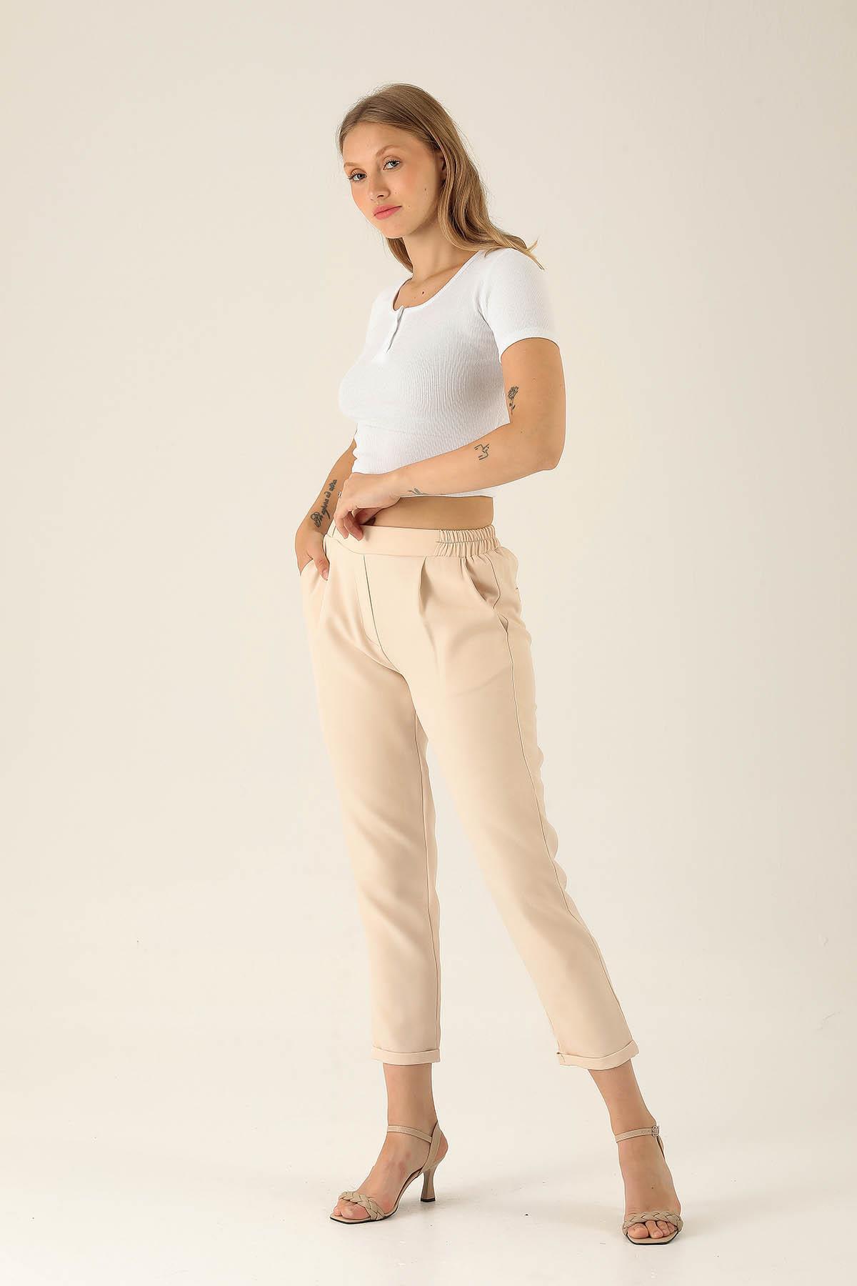 Tek Pile Yarım Lastik Bayan Pantolon - 6266A Taş - 2