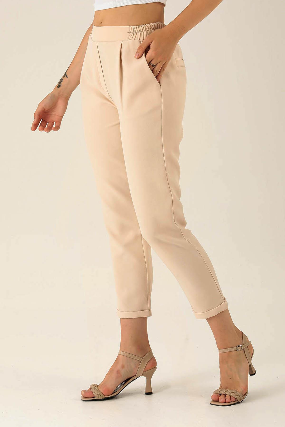 Tek Pile Yarım Lastik Bayan Pantolon - 6266A Taş - 3