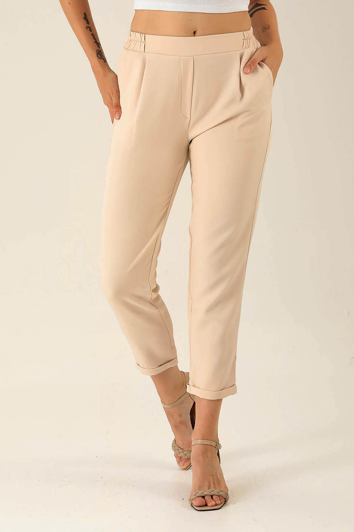 Tek Pile Yarım Lastik Bayan Pantolon - 6266A Taş - 4