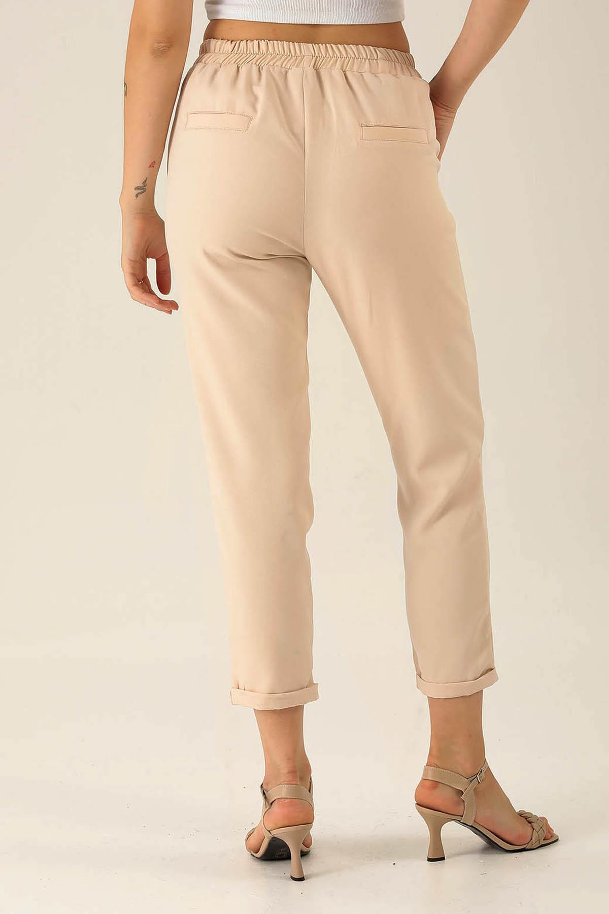 Tek Pile Yarım Lastik Bayan Pantolon - 6266A Taş - 5