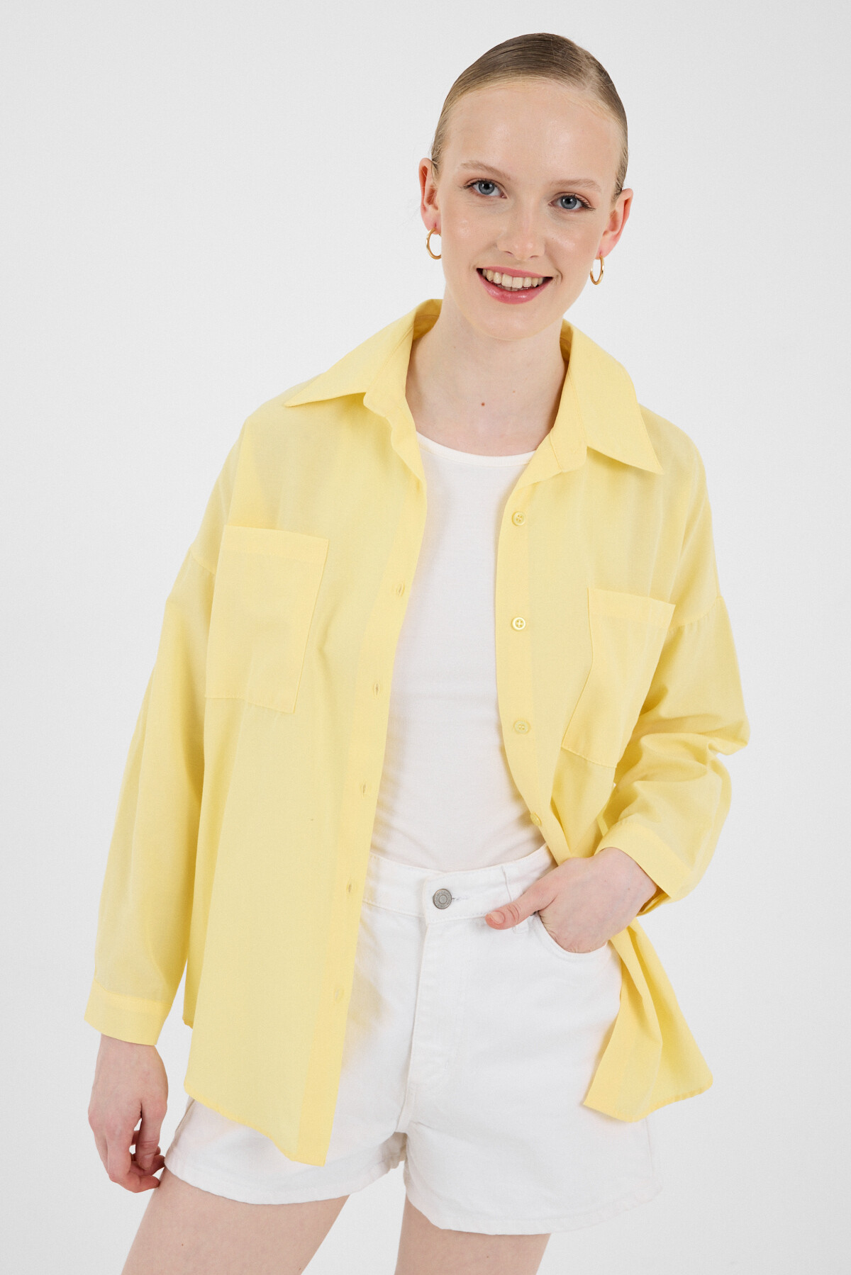 Tereyağ Sarısı Çift Cepli Oversize Uzun Basic Gömlek TCR 6256A
- 7