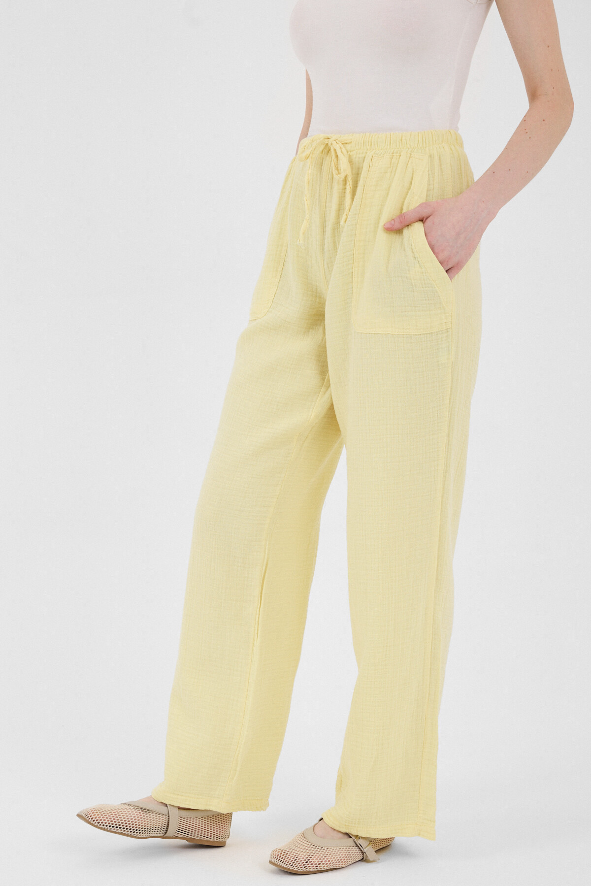 Tereyağ Sarısı Keten Görünümlü %100 Pamuk Cepli Bol Paça Pantolon 8054A - RAYS