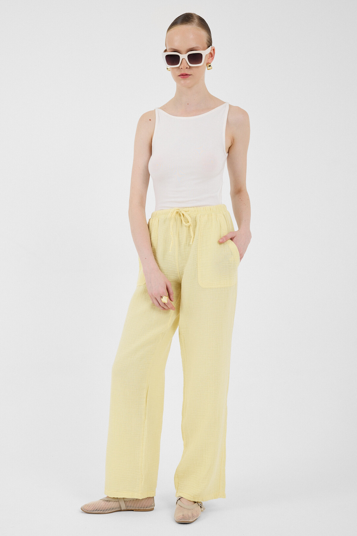 Tereyağ Sarısı Keten Görünümlü %100 Pamuk Cepli Bol Paça Pantolon 8054A - 6