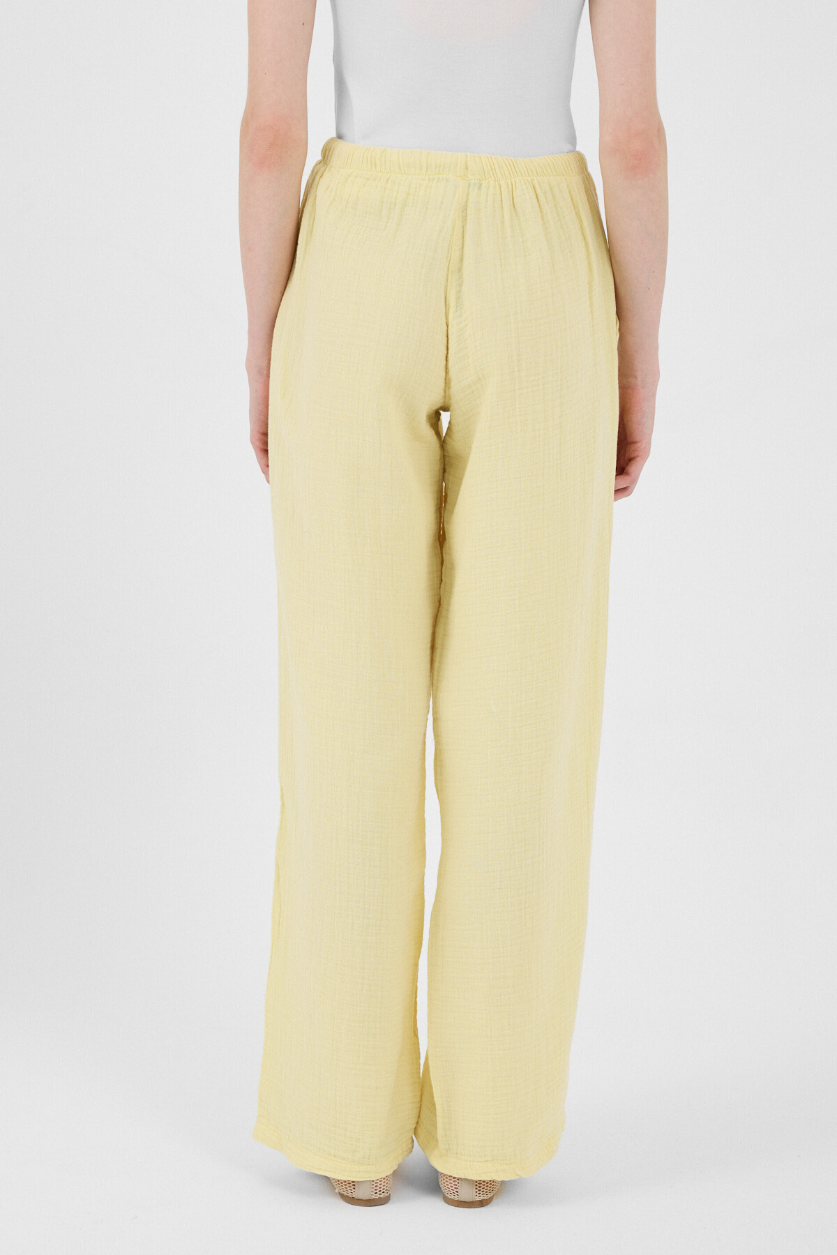 Tereyağ Sarısı Keten Görünümlü %100 Pamuk Cepli Bol Paça Pantolon 8054A - 5