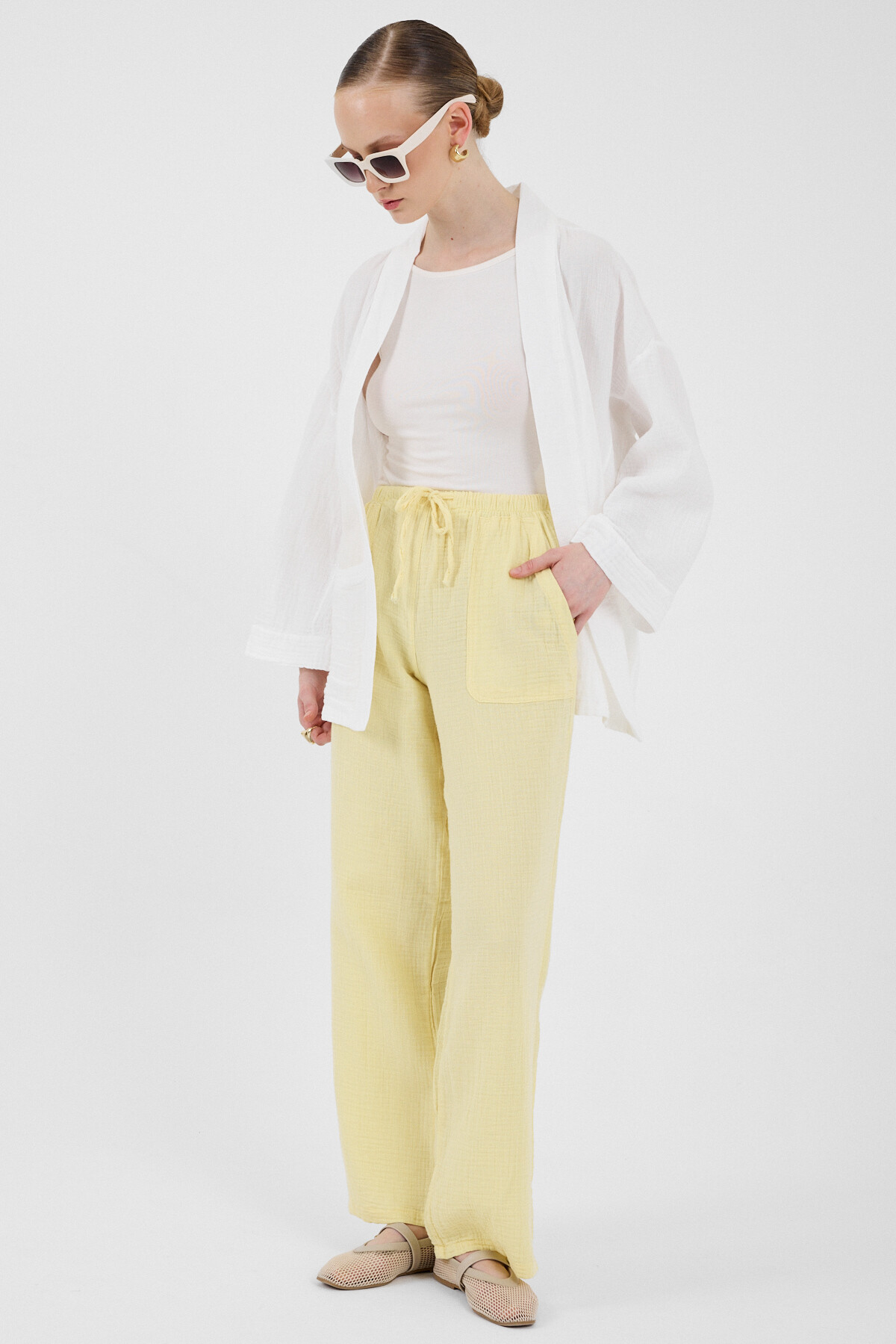 Tereyağ Sarısı Keten Görünümlü %100 Pamuk Cepli Bol Paça Pantolon 8054A - 2