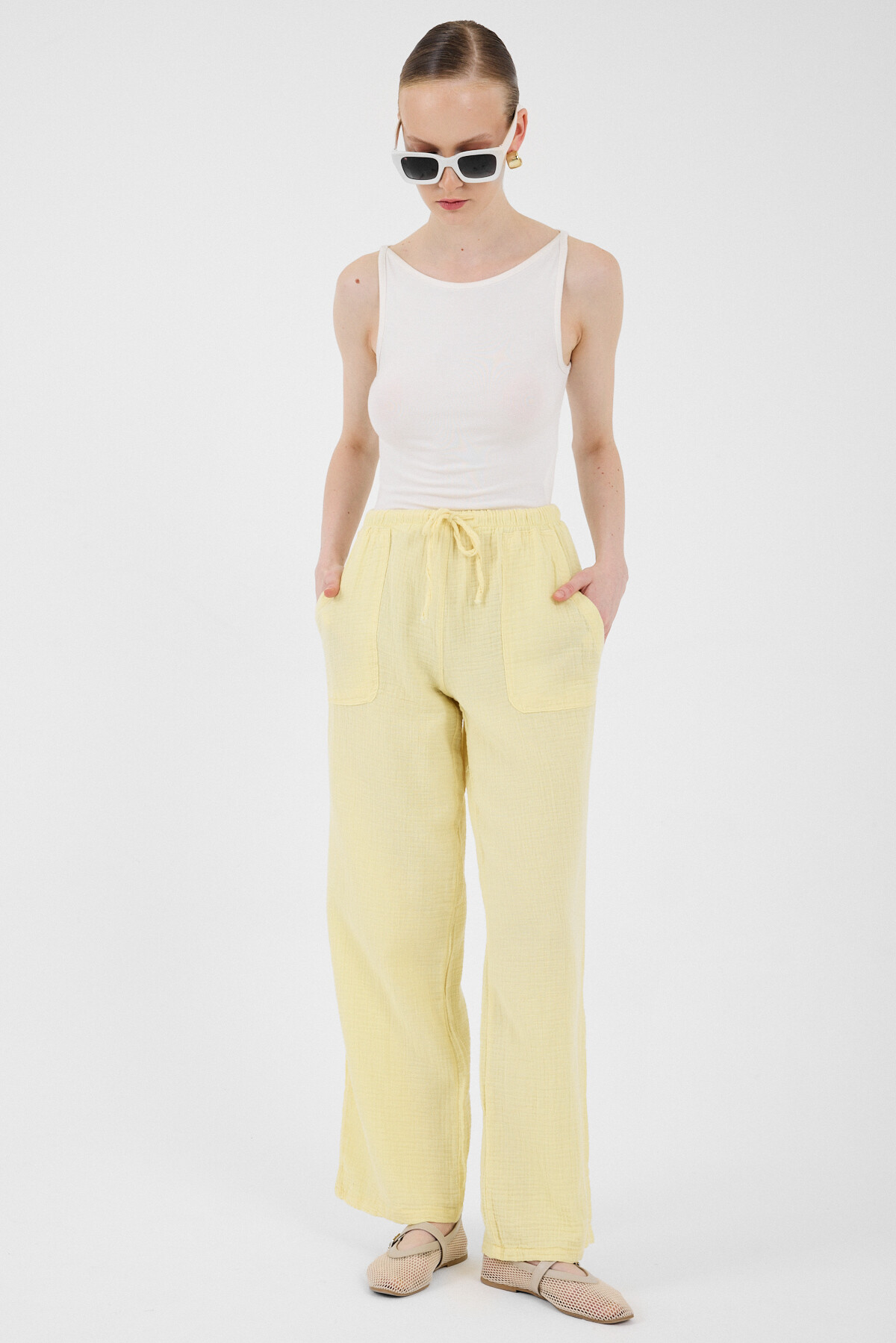 Tereyağ Sarısı Keten Görünümlü %100 Pamuk Cepli Bol Paça Pantolon 8054A - 7
