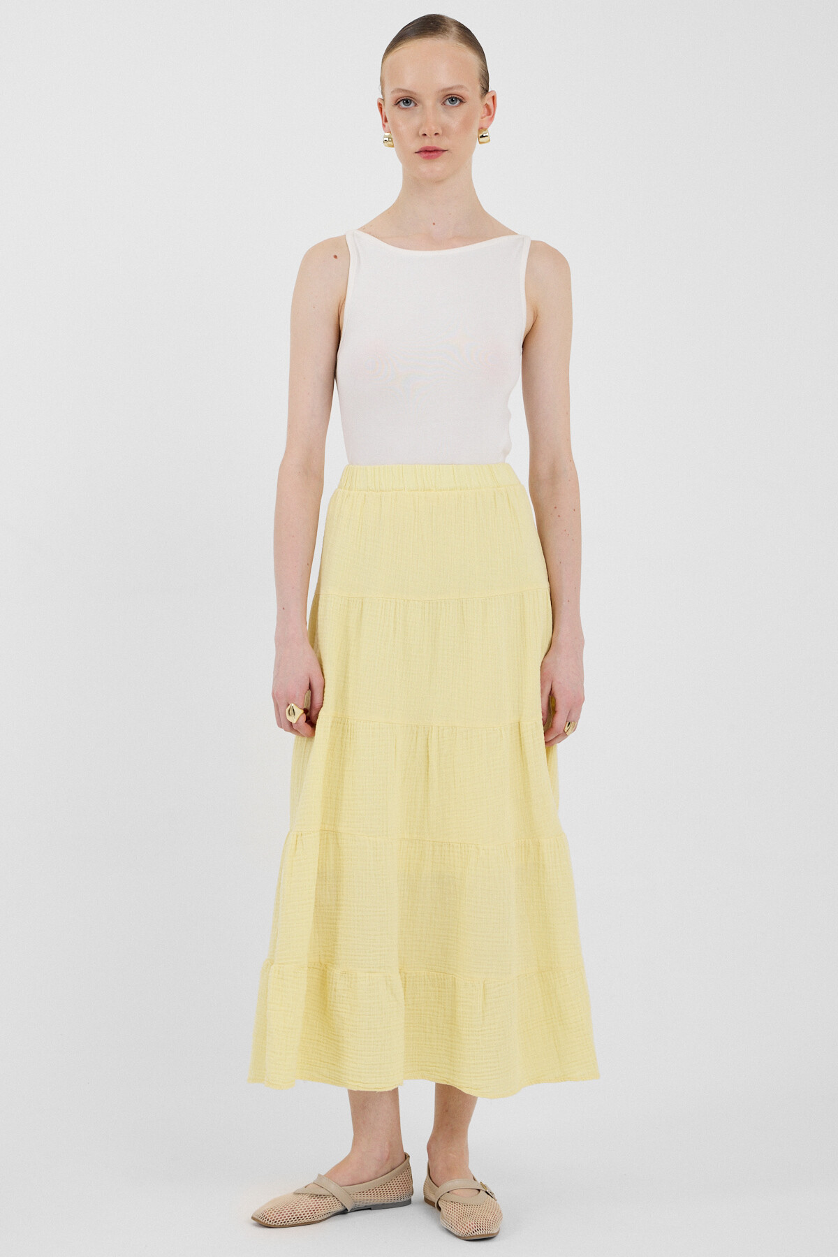 Tereyağ Sarısı Keten Görünümlü %100 Pamuk Kat Kat Uzun Etek 4801A - 2