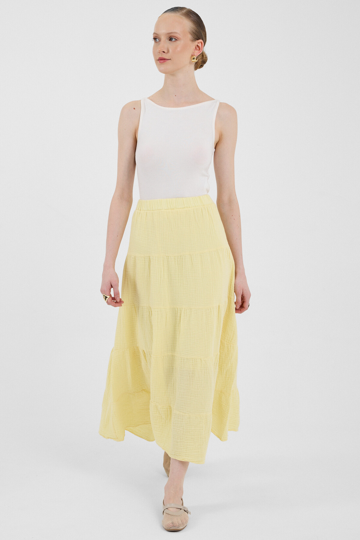 Tereyağ Sarısı Keten Görünümlü %100 Pamuk Kat Kat Uzun Etek 4801A - 3