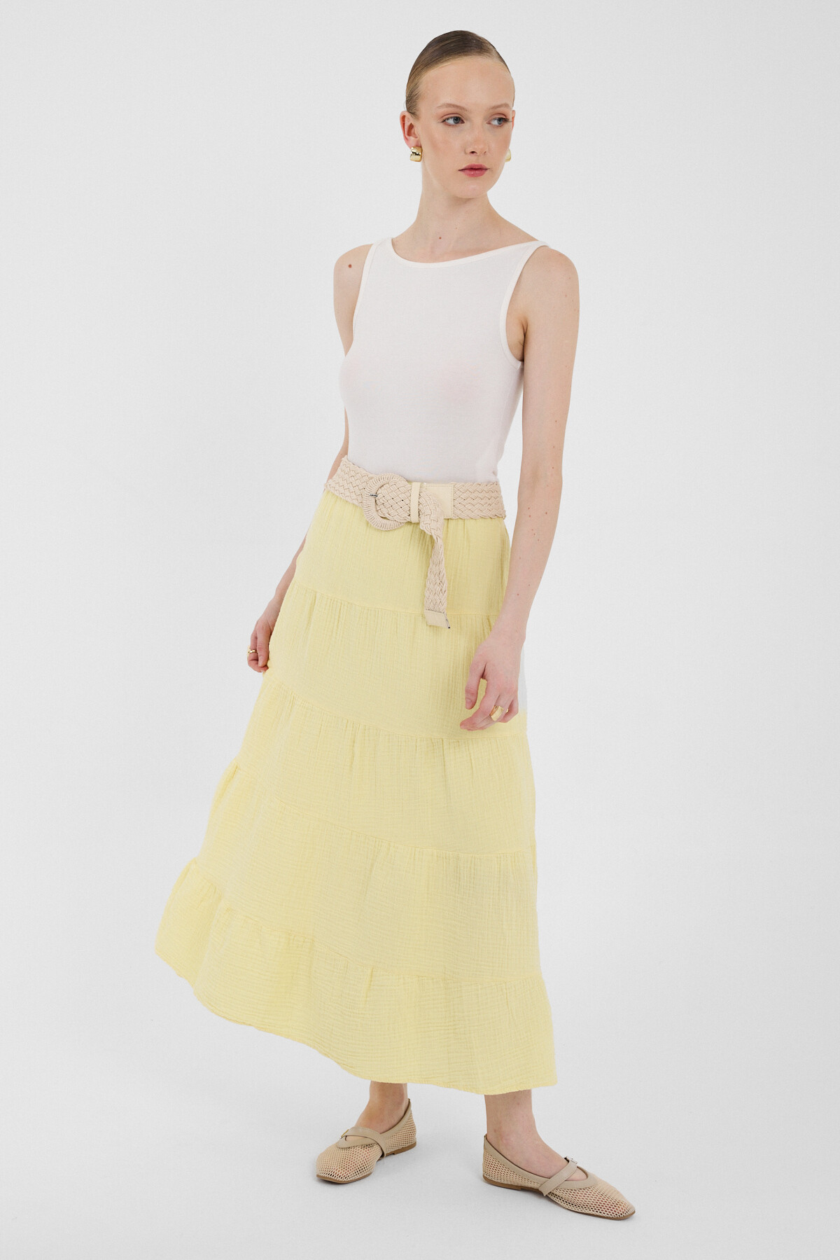 Tereyağ Sarısı Keten Görünümlü %100 Pamuk Kat Kat Uzun Etek 4801A - 6