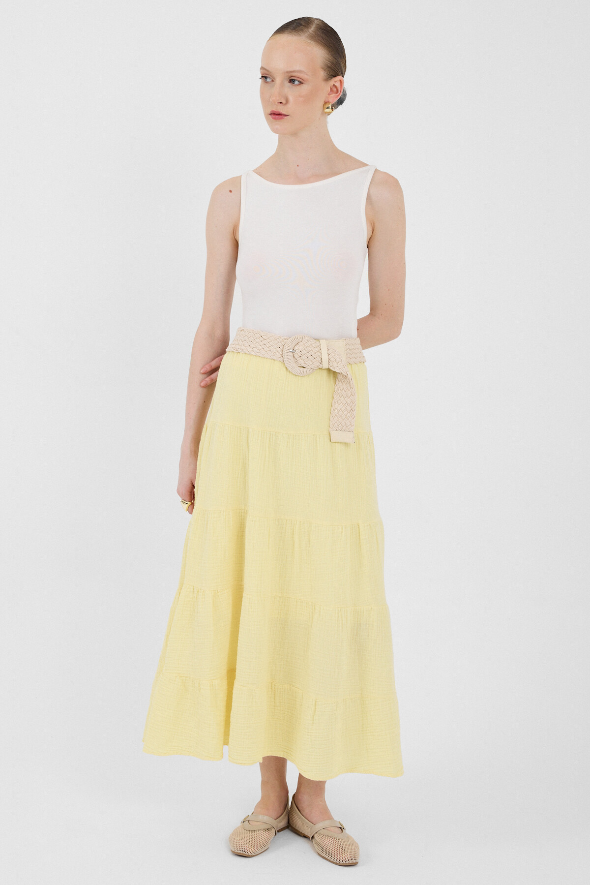 Tereyağ Sarısı Keten Görünümlü %100 Pamuk Kat Kat Uzun Etek 4801A - RAYS