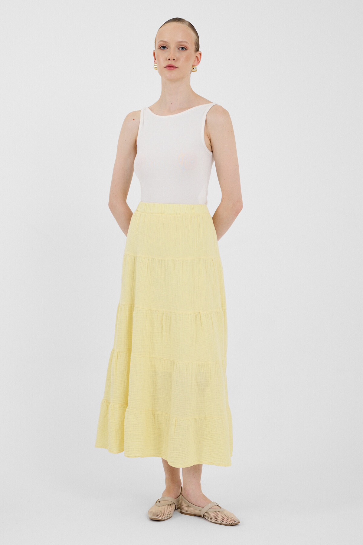 Tereyağ Sarısı Keten Görünümlü %100 Pamuk Kat Kat Uzun Etek 4801A - 7