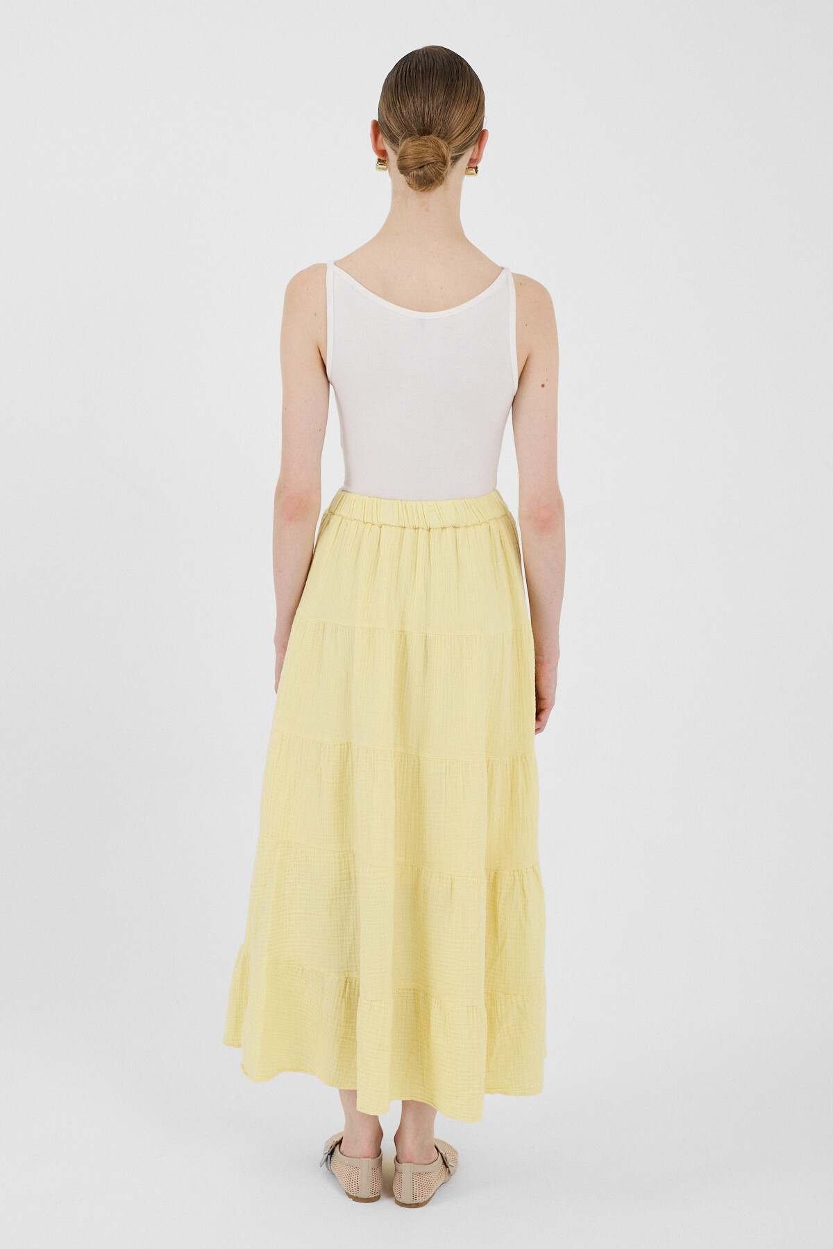 Tereyağ Sarısı Keten Görünümlü %100 Pamuk Kat Kat Uzun Etek 4801A - 5