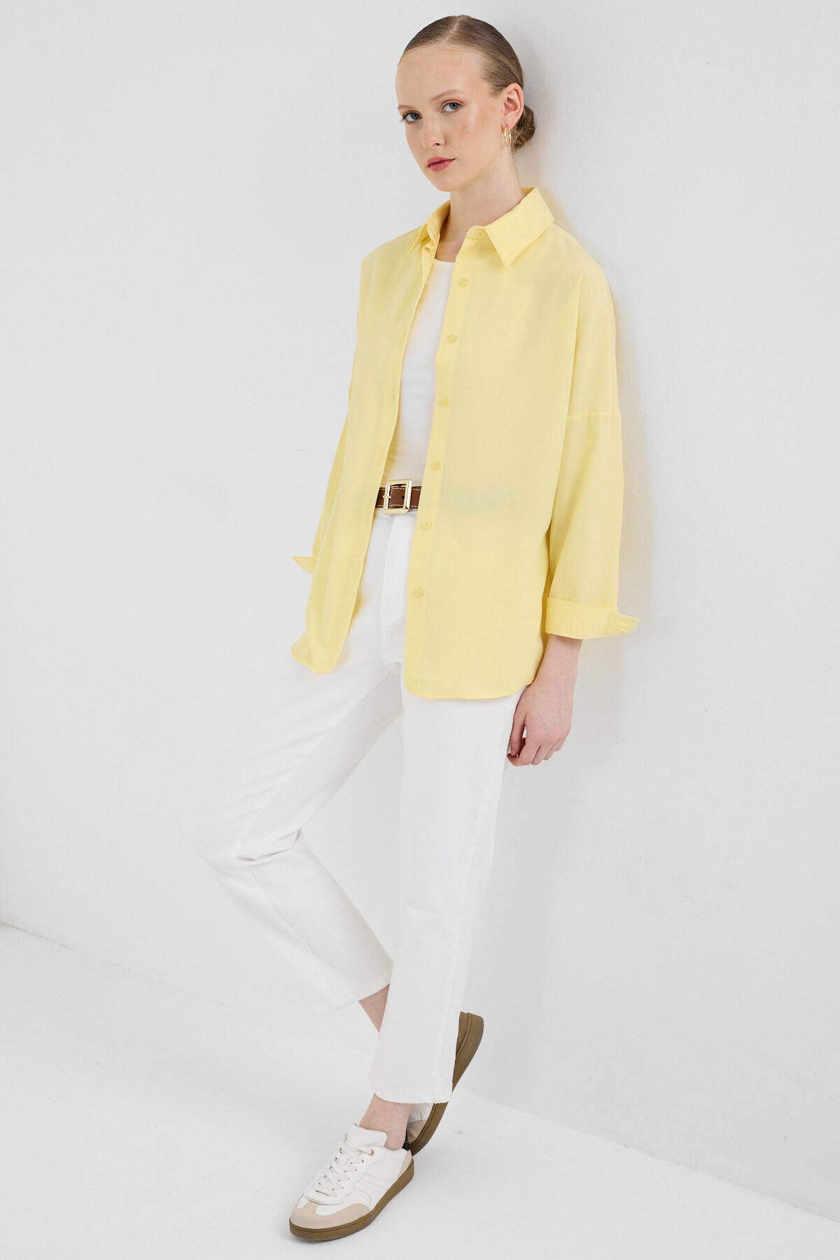 Tereyağ Sarısı Relaxed Fit Rahat Kesim Basic Gömlek 6621A - 3