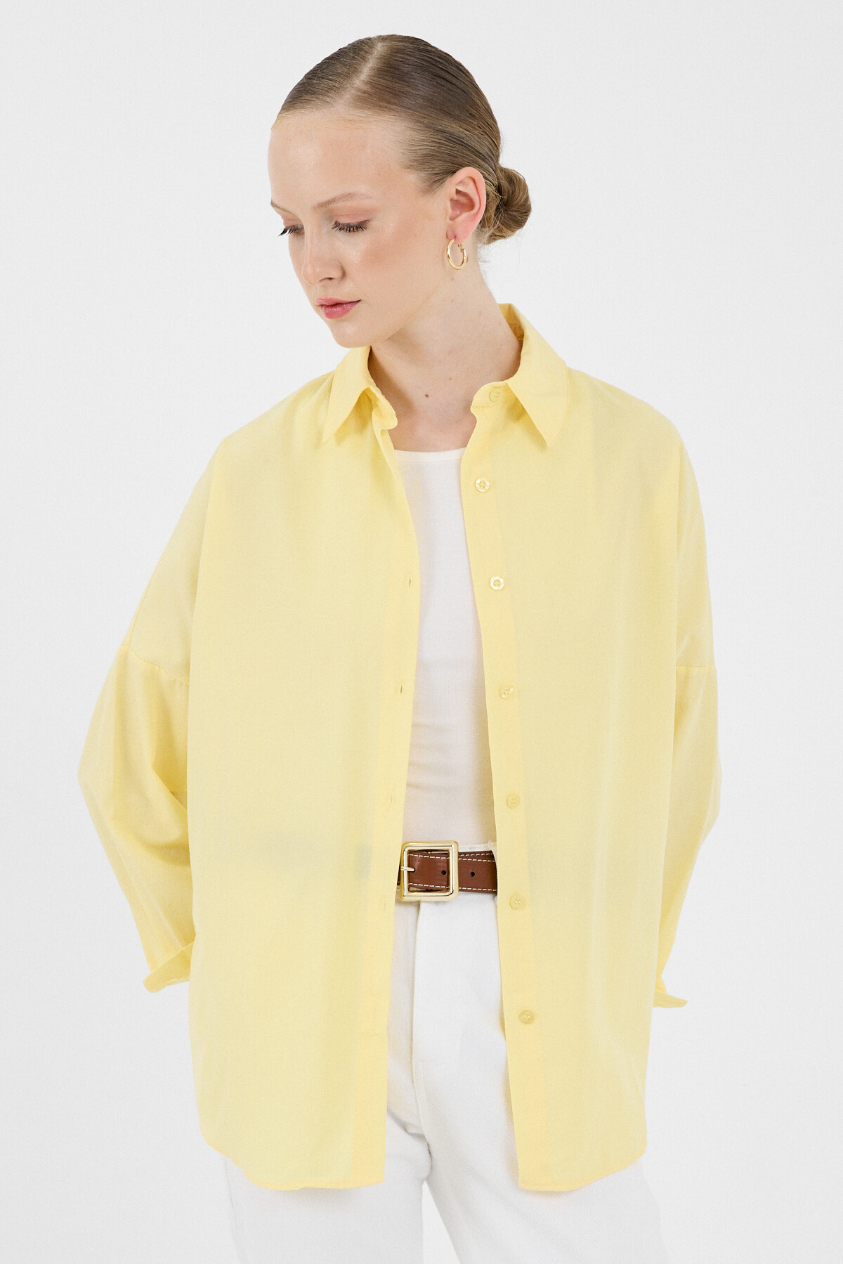 Tereyağ Sarısı Relaxed Fit Rahat Kesim Basic Gömlek 6621A - 4