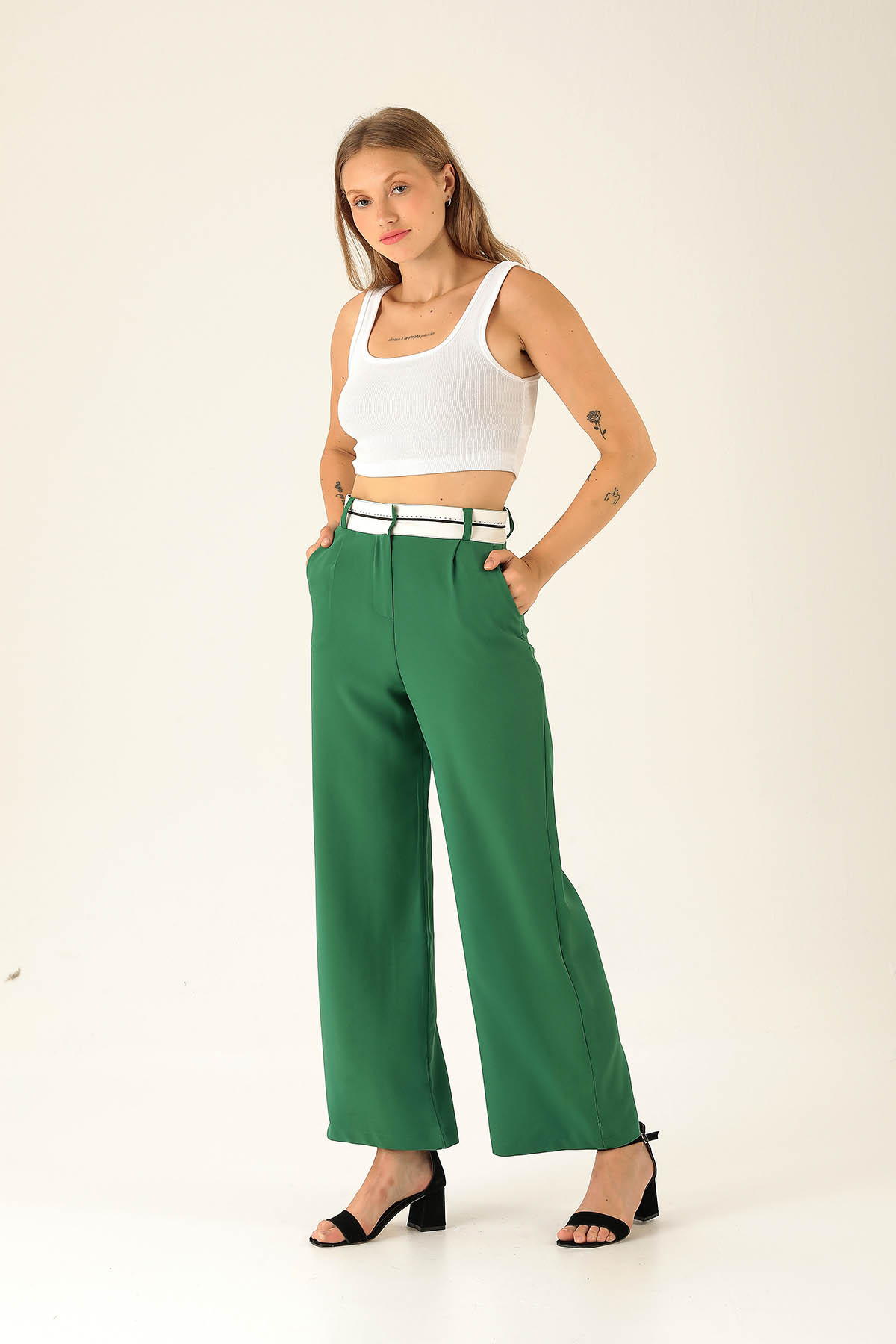 Ters Dikiş Bayan Kemer Palazzo Bayan Pantolon - 6643A Benetton Yeşili - 2