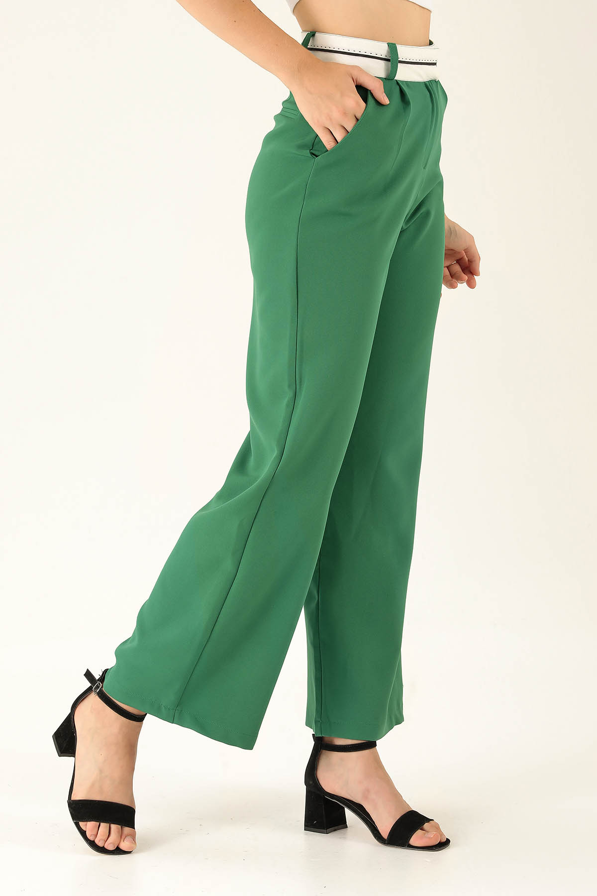 Ters Dikiş Bayan Kemer Palazzo Bayan Pantolon - 6643A Benetton Yeşili - 4