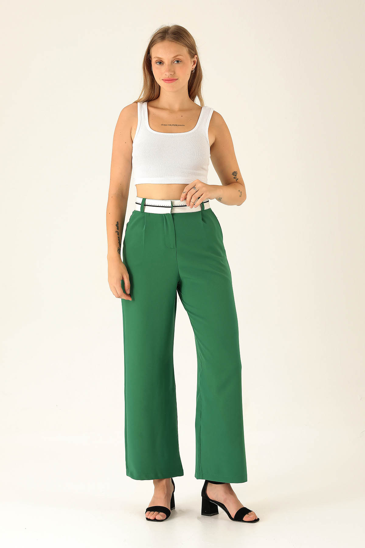Ters Dikiş Bayan Kemer Palazzo Bayan Pantolon - 6643A Benetton Yeşili 