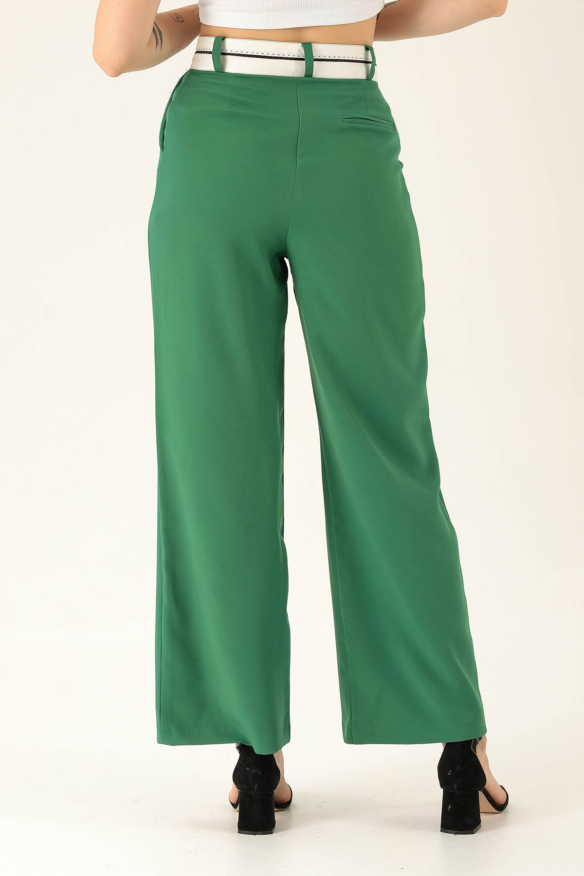 Ters Dikiş Bayan Kemer Palazzo Bayan Pantolon - 6643A Benetton Yeşili - 5
