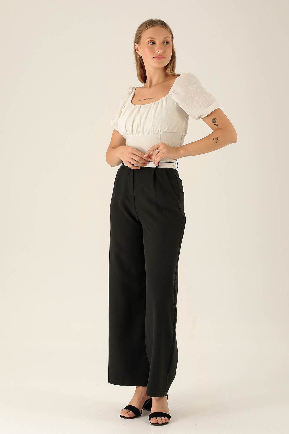 Ters Dikiş Bayan Kemer Palazzo Bayan Pantolon - 6643A Siyah - 2