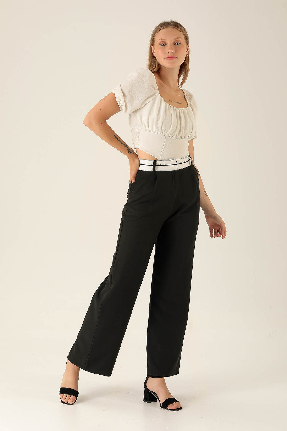 Ters Dikiş Bayan Kemer Palazzo Bayan Pantolon - 6643A Siyah - 1