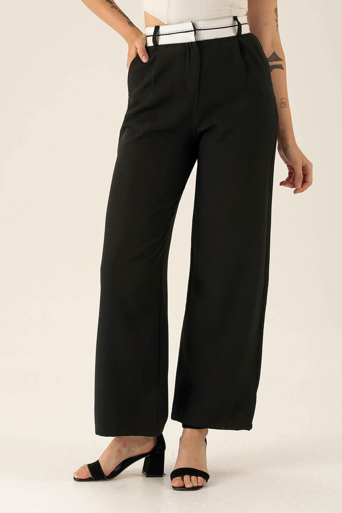 Ters Dikiş Bayan Kemer Palazzo Bayan Pantolon - 6643A Siyah - 3