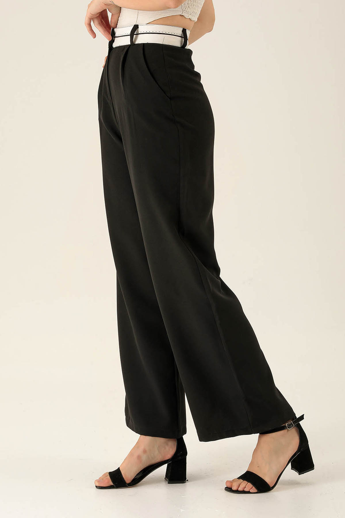 Ters Dikiş Bayan Kemer Palazzo Bayan Pantolon - 6643A Siyah - 4