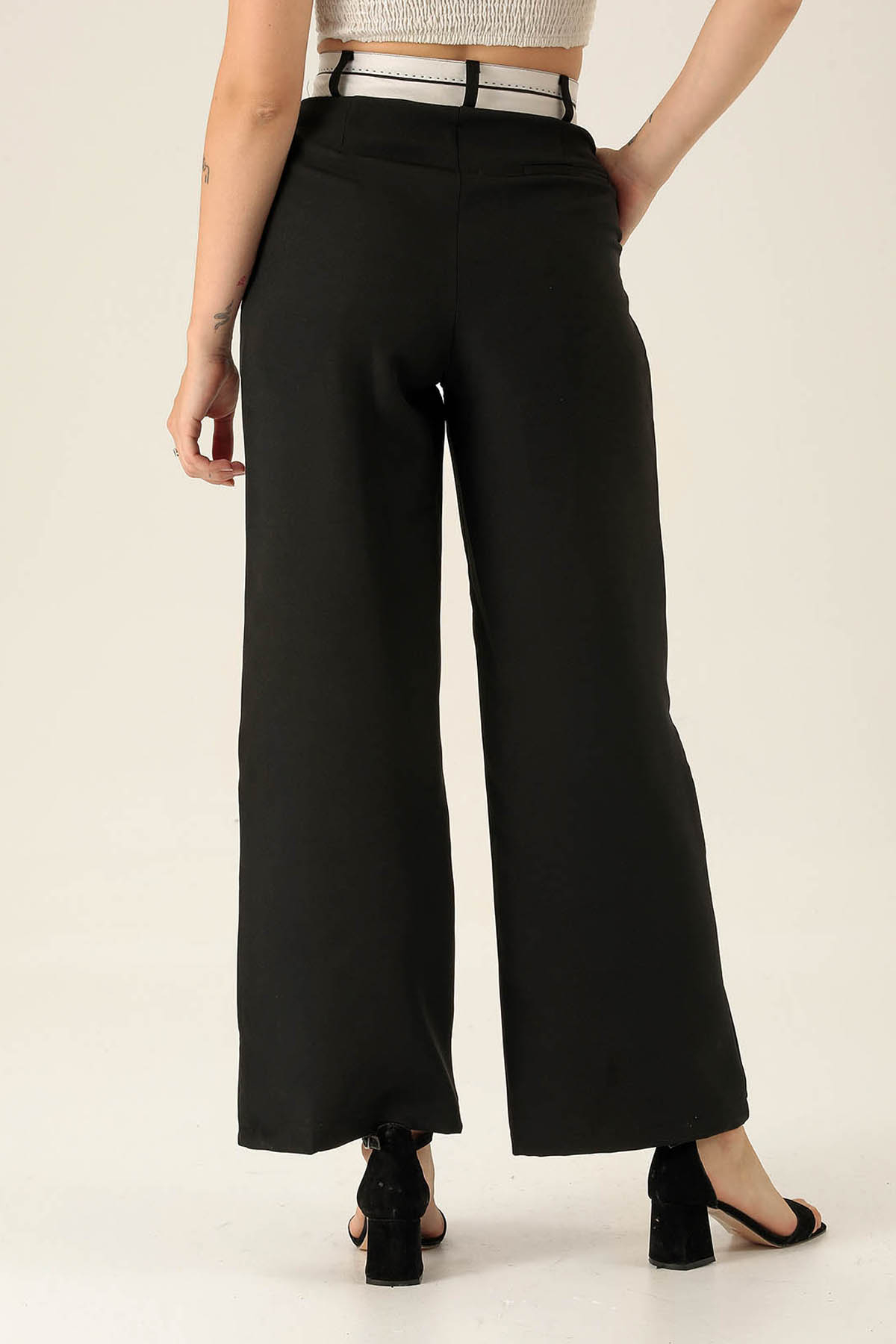 Ters Dikiş Bayan Kemer Palazzo Bayan Pantolon - 6643A Siyah - 5