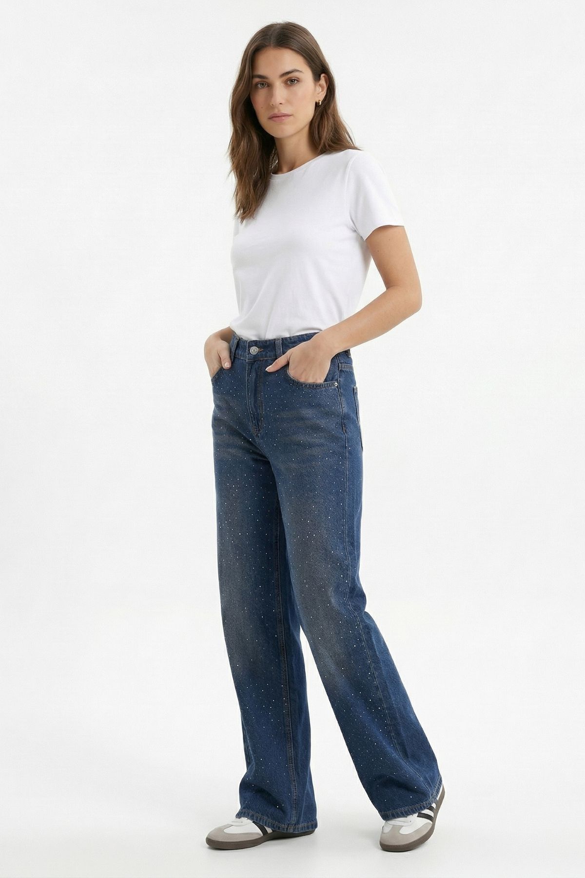 Tint Kahve Bol Kesim Geniş Paça Taşlı Jean 524 - RAYS