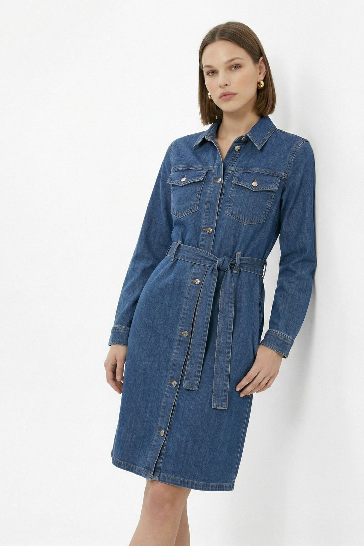 Tint Kahve Çift Cepli Düğmeli Kuşaklı Elbise 219 